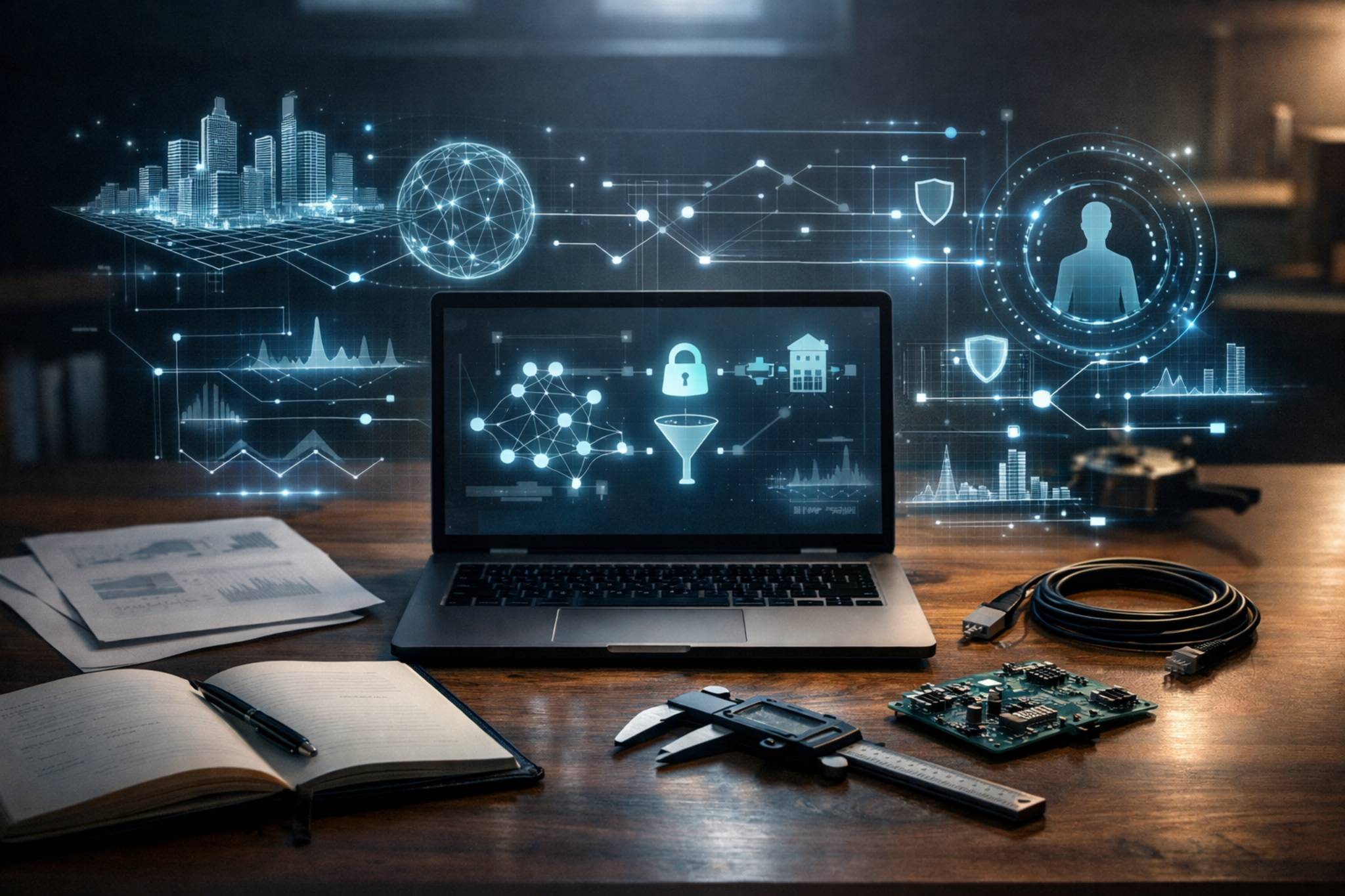 Analyst desk with abstract visuals